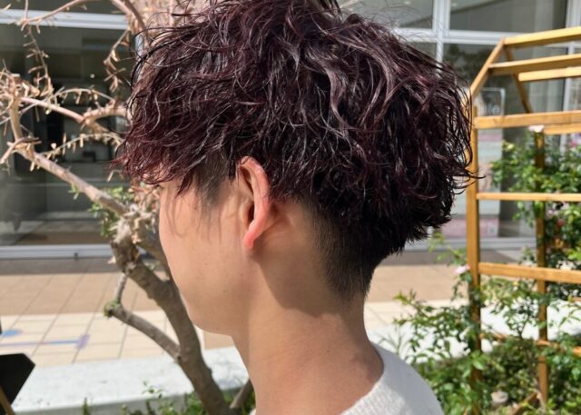 メンズ波巻きパーマ ワインレッドカラー ロロネー森ノ宮